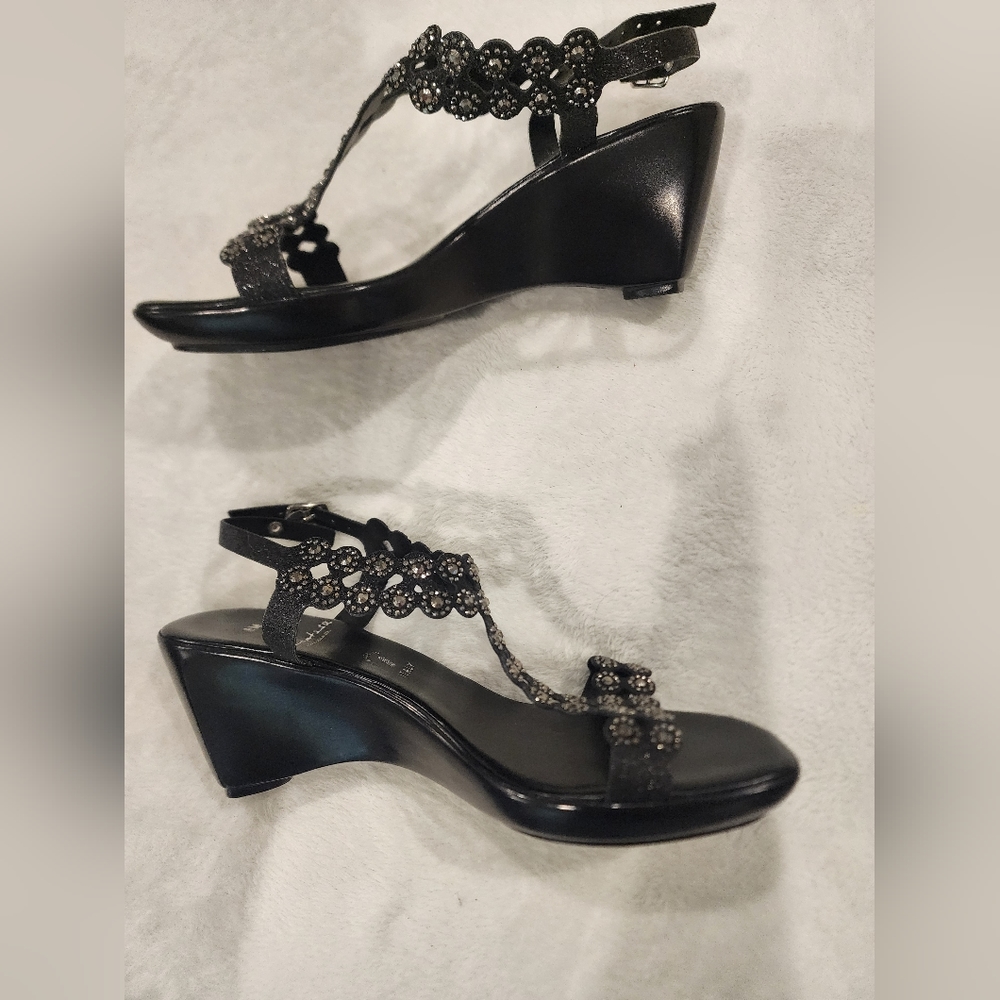 Blingy Black Wedge Sandals - Picture 3 of 5